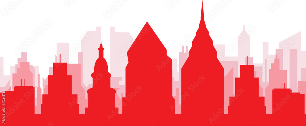 Obraz premium Red panoramic city skyline poster with reddish misty transparent background buildings of PHILADELPHIA, UNITED STATES