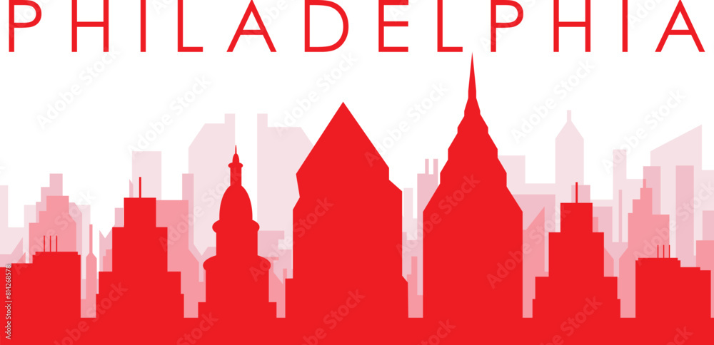 Red panoramic city skyline poster with reddish misty transparent background buildings of PHILADELPHIA, UNITED STATES Red panoramic city skyline poster with reddish misty transparent background buildings of PHILADELPHIA, UNITED STATES
