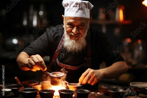 Experienced senior chef in uniform cooking delicious meal over open flame in traditional clay pots using various tools and ingredients, creating authentic culinary experience.