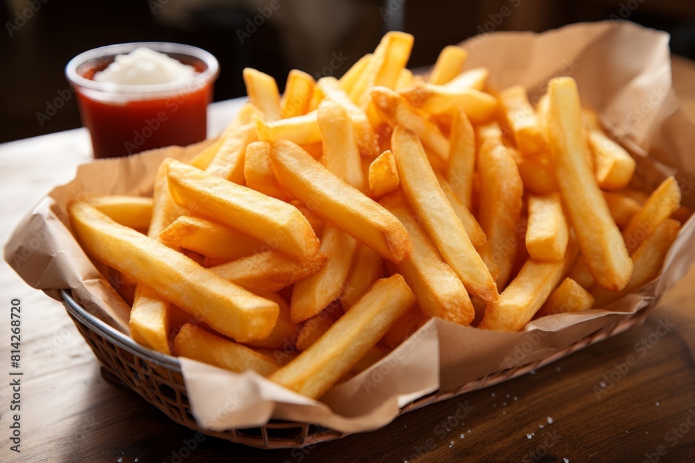 A wooden table with a basket filled with crispy golden brown french fries, served with ketchup and mayonnaise on brown paper, creating a delicious and inviting snack. A wooden table with a basket filled with crispy golden brown french fries, served with ketchup and mayonnaise on brown paper, creating a delicious and inviting snack.