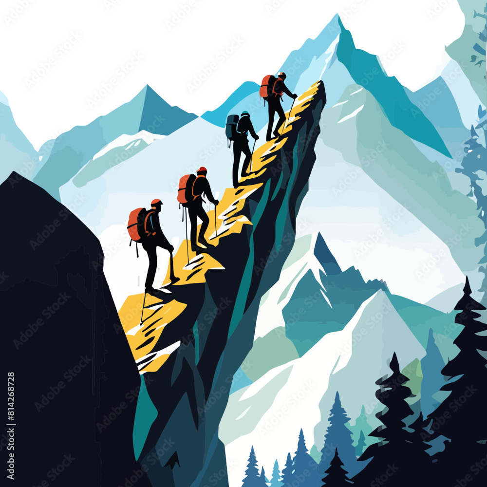 A group of people climbing up a mountain, vector illustration A group of people climbing up a mountain, vector illustration