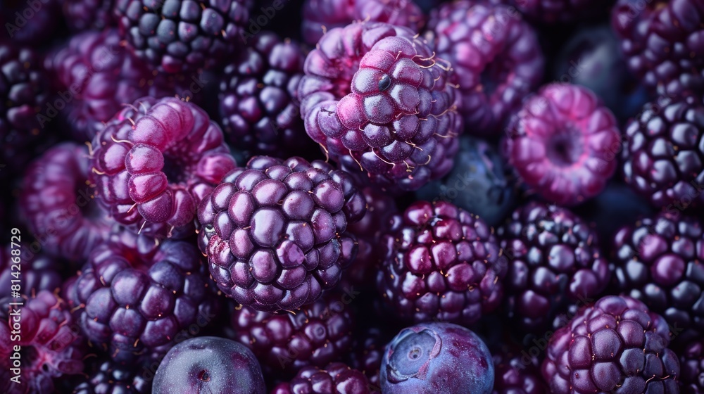 A close-up view of a vibrant assortment of fresh, ripe blackberries and blueberries showcasing their rich, deep purple colors and intricate textures A close-up view of a vibrant assortment of fresh, ripe blackberries and blueberries showcasing their rich, deep purple colors and intricate textures