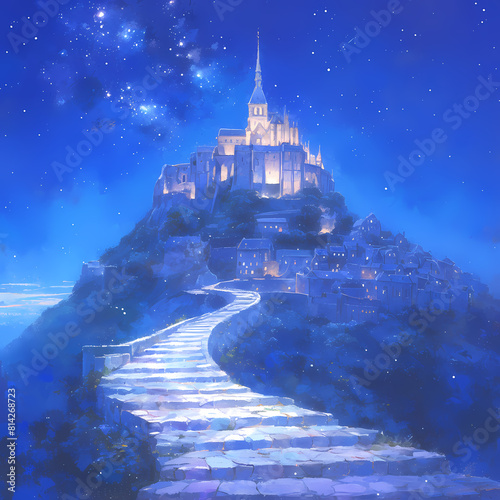 Mystical Nighttime Journey to Storied Cathedral on Stone Steps photo