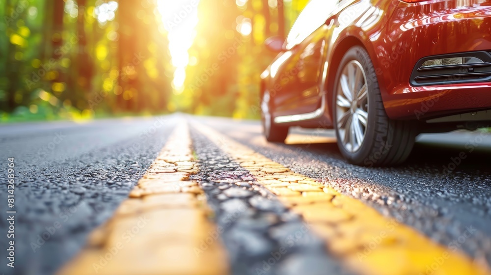 Low Perspective View of a Red Car Traveling on a Sunlit Country Road Surrounded by Lush Greenery Low Perspective View of a Red Car Traveling on a Sunlit Country Road Surrounded by Lush Greenery