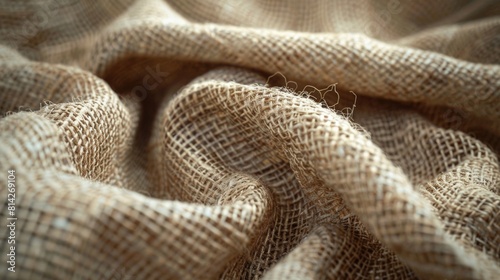 A close-up view of a rough linen fabric with visible threads and a natural.