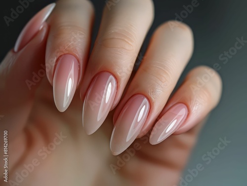 Closeup shot of a hand with an elegant pink and white ombre nails.