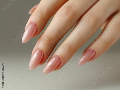 Closeup shot of a hand with an elegant pink manicure with long sharp nails against a neutral background.