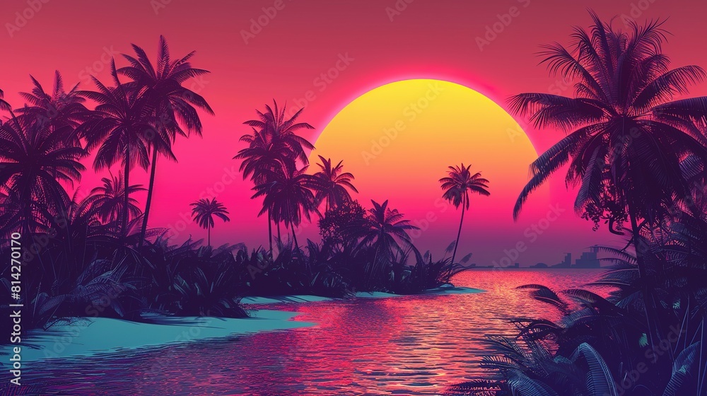 Palm trees silhouettes at colorful sunset background, gradient sunset palm trees wallpaper