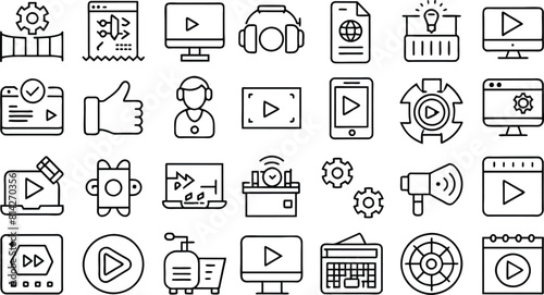 video icon set collection. Linear icon collection, Editable stroke, Vector illustration.