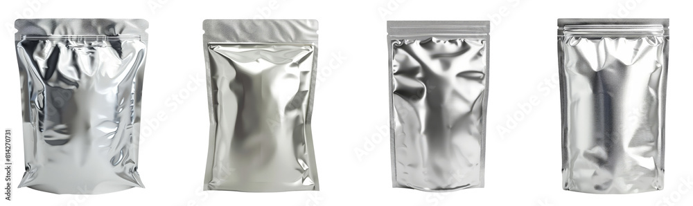 Set of aluminum blank foil food pack bag packaging, product design mockup, isolated on transparent background Set of aluminum blank foil food pack bag packaging, product design mockup, isolated on transparent background