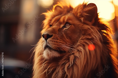 Powerful male lion in its habitat. With piercing gaze and majestic mane, the lion reigns as king of the jungle. Warm golden light adds drama and intensity. photo