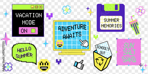 Summer quotes in old computer aesthetic. Wavy groovy pixel text. y2k vector illustration. Vacation mode. Fashion patch, badge, emblem. © mila_okie