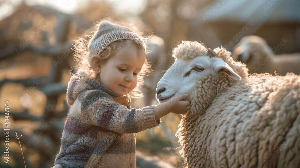 little child playing with sheep little child playing with sheep