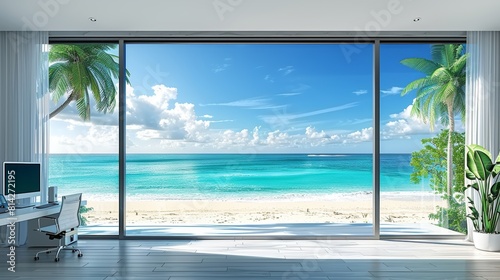 A stunning view from a modern office showcasing an expansive beachfront  crystal clear ocean  and vibrant greenery visible through a large glass window