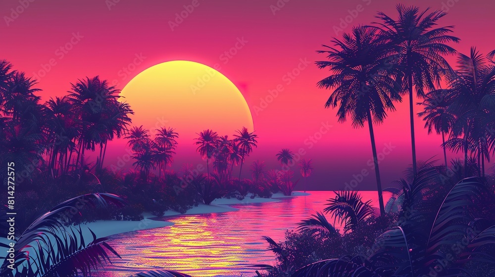Palm trees silhouettes at colorful sunset background, gradient sunset palm trees wallpaper