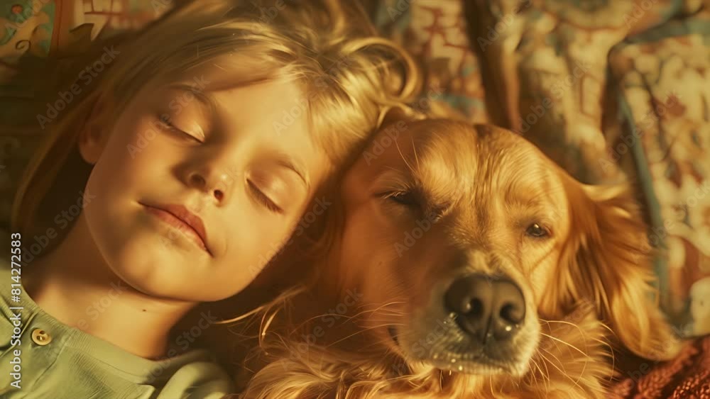 Slow motion portrait pushing towards a young girl sleeping next to her golden retriever dog Slow motion portrait pushing towards a young girl sleeping next to her golden retriever dog