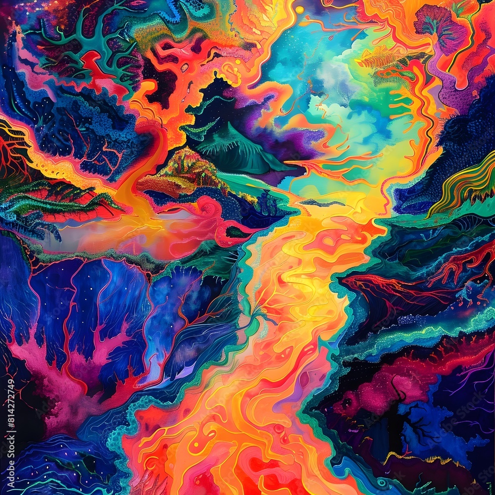 Vibrant Psychedelic Landscape Painting with MindBending Neon Waves and Volcanic Mountains