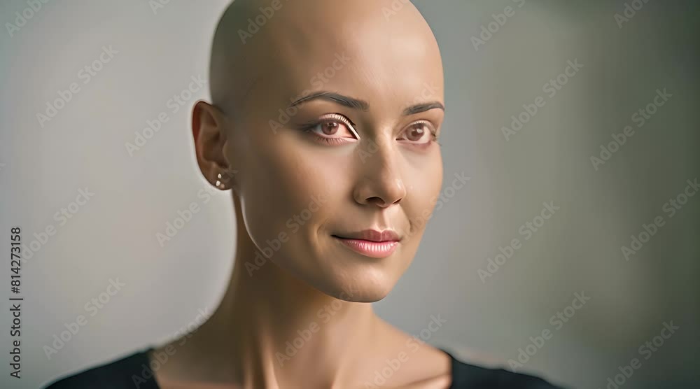 jeune femme chauve souffrant alopécie suite à un traitement de chimiothérapie pour soigner un cancer, espace pour texte sur le côté