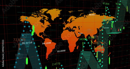 Image of financial data processing over world map against black background