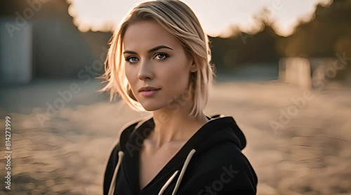 jolie jeune femme blonde avec les cheveux attachés portant un sweatshirt noir avec col en v, espace pour texte à gauche photo