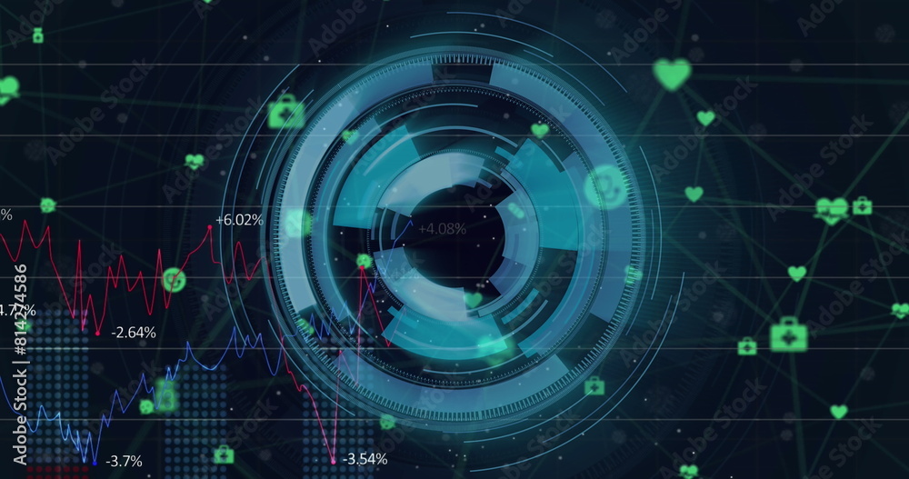 Image of network of digital icons over spinning round scanner and statistical data processing Image of network of digital icons over spinning round scanner and statistical data processing