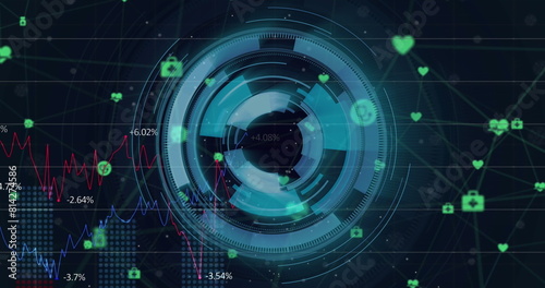 Image of network of digital icons over spinning round scanner and statistical data processing