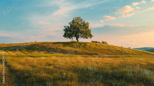 Tree on top of the hill. Landscape before sunset. Fields and pastures for animals. Agricultural landscape in summer time.