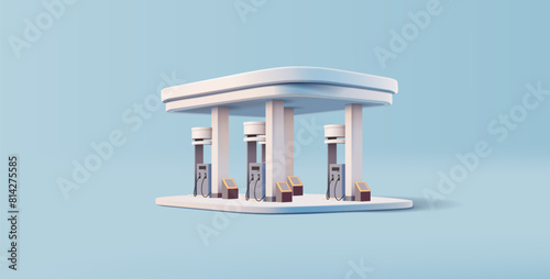 Realistic gas station 3D. Rendering in white color for branding and advertising concepts of oil products, and gasoline. Vector