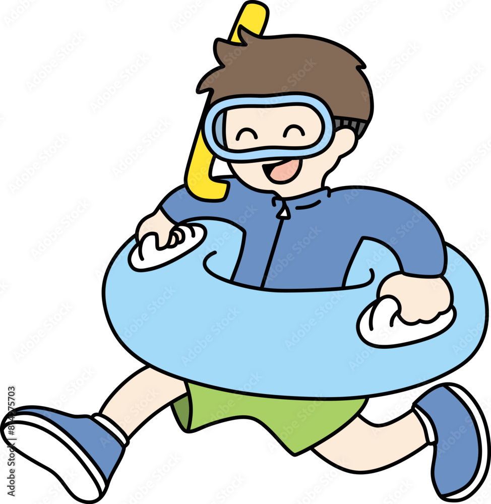 Obraz premium 浮き輪を持った水着の男の子のベクターイラスト