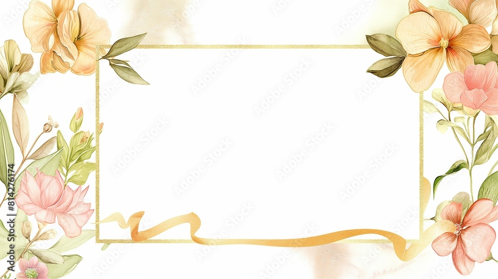 Lovely spring flowers and leaves with glitter gold ribbon line in watercolor hand painting style, wedding invitation, postcard, stationery illustration Lovely spring flowers and leaves with glitter gold ribbon line in watercolor hand painting style, wedding invitation, postcard, stationery illustration
