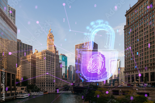 Chicago cityscape with a futuristic hologram of a security concept over the skyline  realistic photograph with digital graphics  evening light. Double exposure