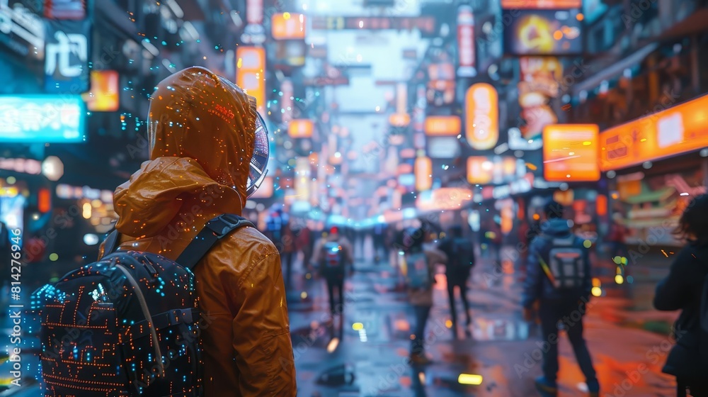 A cyberpunk street scene with neon advertisements and people interacting with augmented reality A cyberpunk street scene with neon advertisements and people interacting with augmented reality