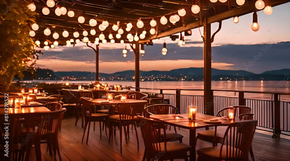 restaurant guinguette au bord de l'eau avec terrasse ombragée et guirlandes lumineuses