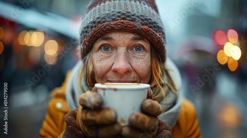 A close-up portrait of a homeless woman as she is handed a hot soup cup on a cold day.