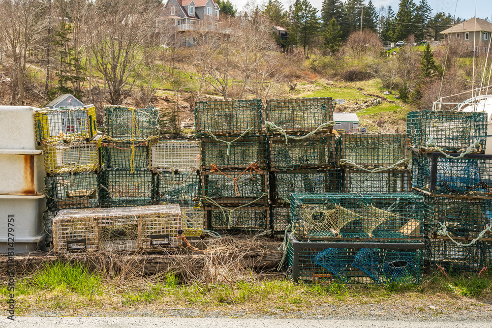 lobster pots stacked on shore during the off season on novas scotia's south shore room for text lobster pots stacked on shore during the off season on novas scotia's south shore room for text