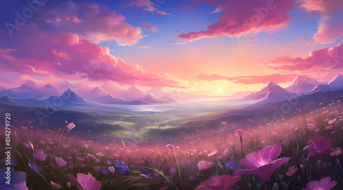A beautiful field of flowers at sunset