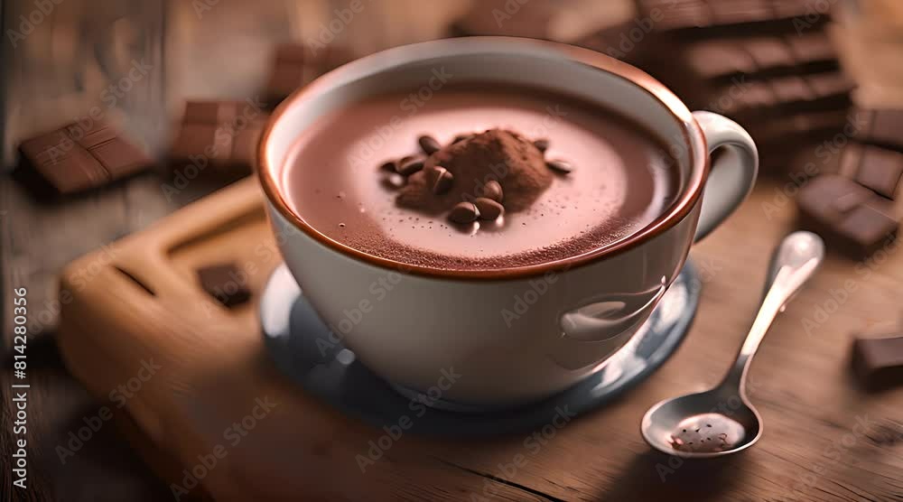 tasse de chocolat chaud maison sur une table en bois avec petite cuillère
