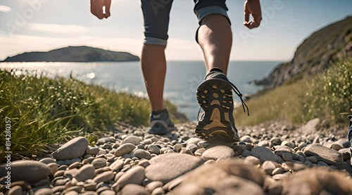 personne faisant une randonnée avec des chaussures de marche en bord de mer sur un sentier littoral photo