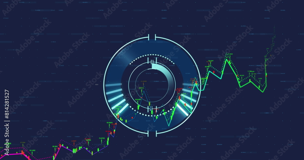 © vectorfusionart - Image of financial data processing over round scanner against blue background © vectorfusionart - Image of financial data processing over round scanner against blue background