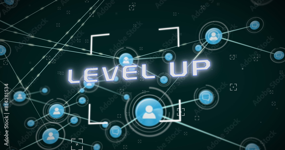 Fototapeta premium Image of network of connections and scope over level up text banner against green background