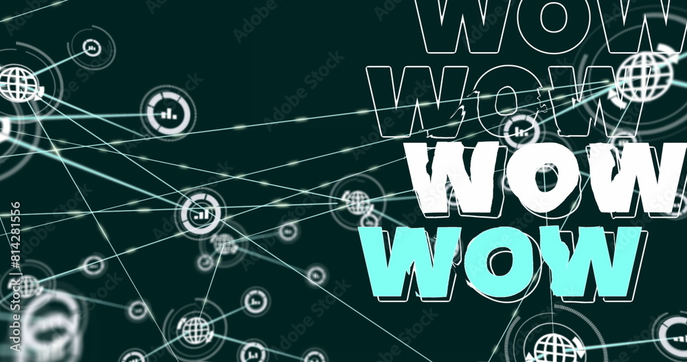 Image of network of digital icons over wow text banner against green background Image of network of digital icons over wow text banner against green background