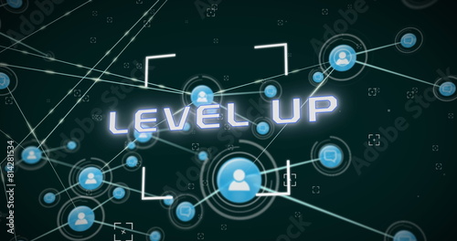Image of network of connections and scope over level up text banner against green background
