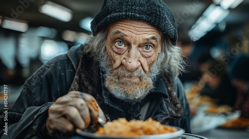 Elderly homeless man receiving a hot meal at a shelter  with a poignant expression highlighting his vulnerability and gratitude in a crowded urban setting.