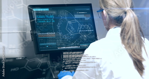 Image of data processing over caucasian senior female scientist using computer at laboratory