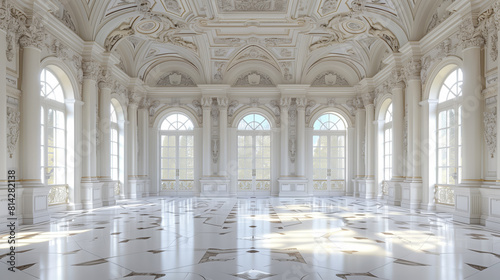 Luxurious white baroque-style interior with ornate ceilings and windows, bright background, concept of opulence. Generative AI