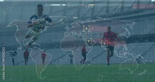 Image of digital interface with world map over football players