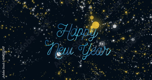 Image of happy new year text in blue letters over spot lights on black background