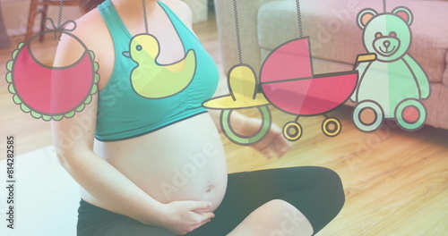 Image of toys icons over caucasian pregnant woman exercising at home