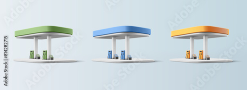 Set of colored gas stations, 3D building. For petroleum product advertising concepts, brand visualizations, and promotion of quality gasoline. Vector