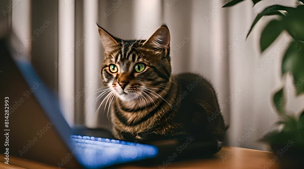 un chat absorbé par le monde informatique
